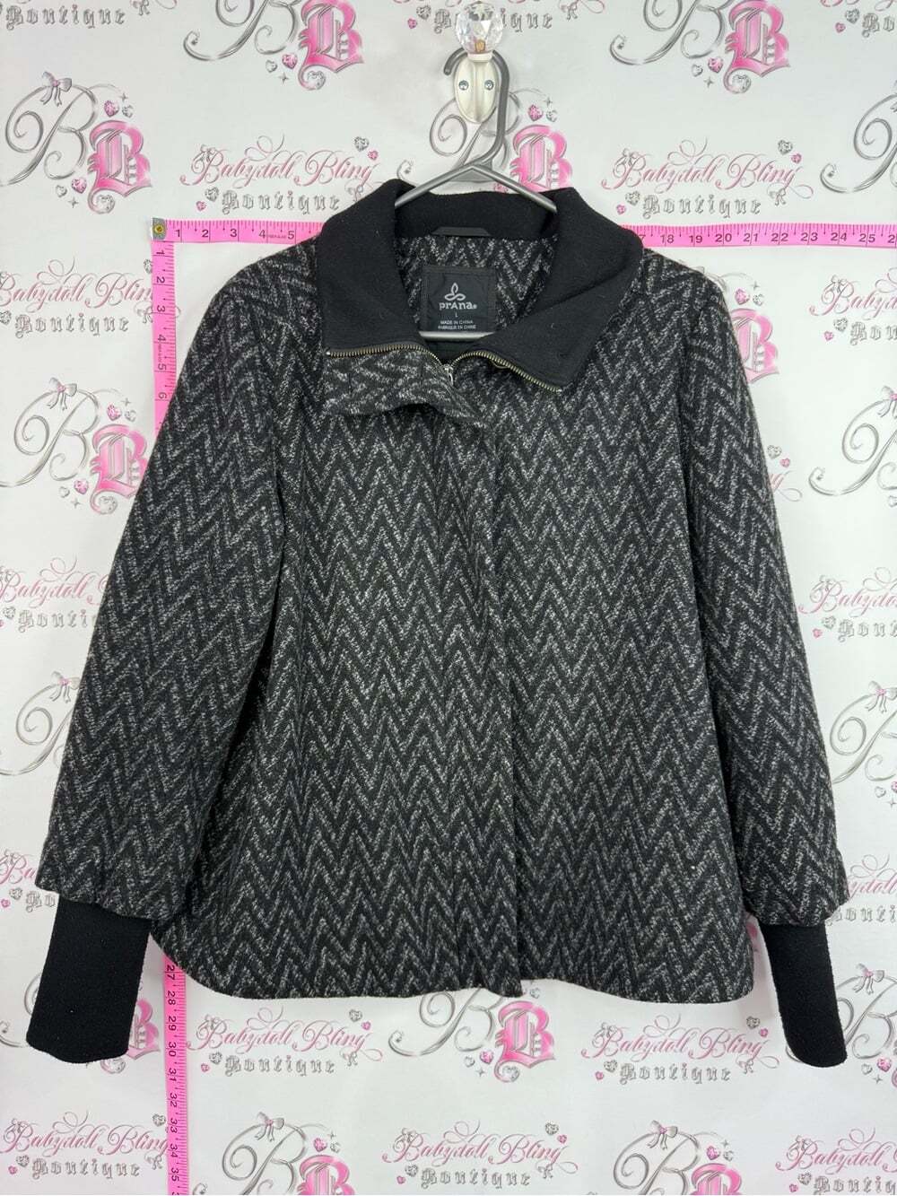 Prana coat jacket zip up chevron grey black warm Charcoal Chevron Pea Coat